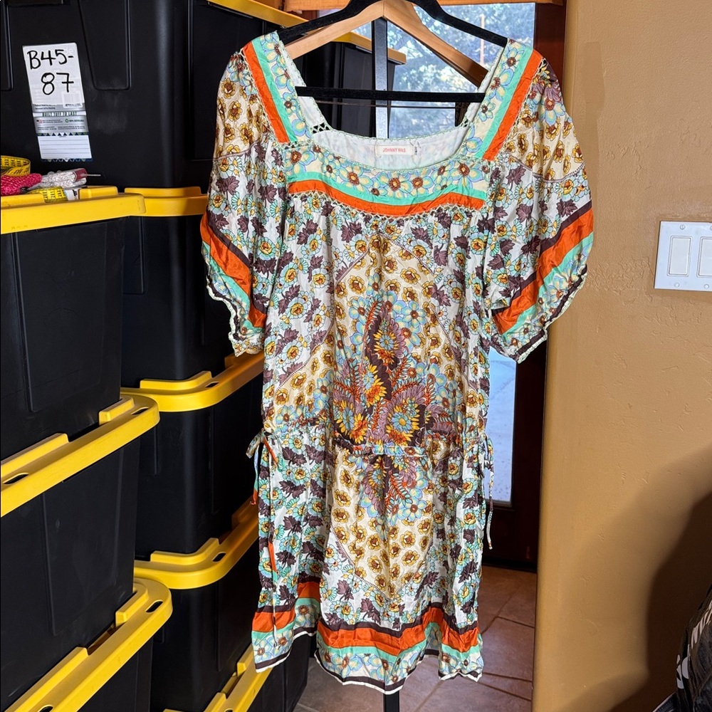 Johnny Was 100% Silk Floral Print Square Neck Boho Dress Size Large *FLAW* - Picture 4 of 13